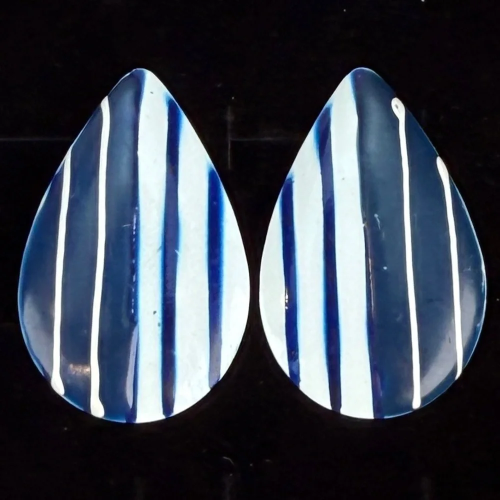 Vintage lightweight, teardrop, white, and blue striped pierced earrings